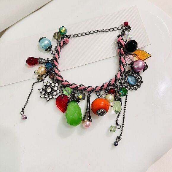 Art Glass Dangle Charm Bracelet Faux Pearl Leather Rhinestone Dangle Green Orang - Picture 5 of 9